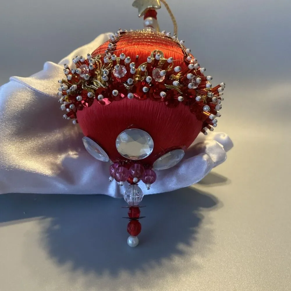 Vintage Christmas Red Gold Beaded Push Pin Ornate Ball Ornament Large Handmade
